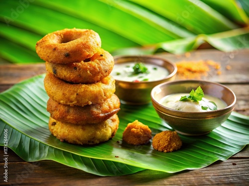 South Indian Medu Vada & Coconut Chutney on Banana Leaf - Double Exposure
