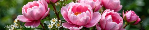 Pink peonies and garden roses in a lush, full bouquet, with greenery and foliage, garden, peonies, floral