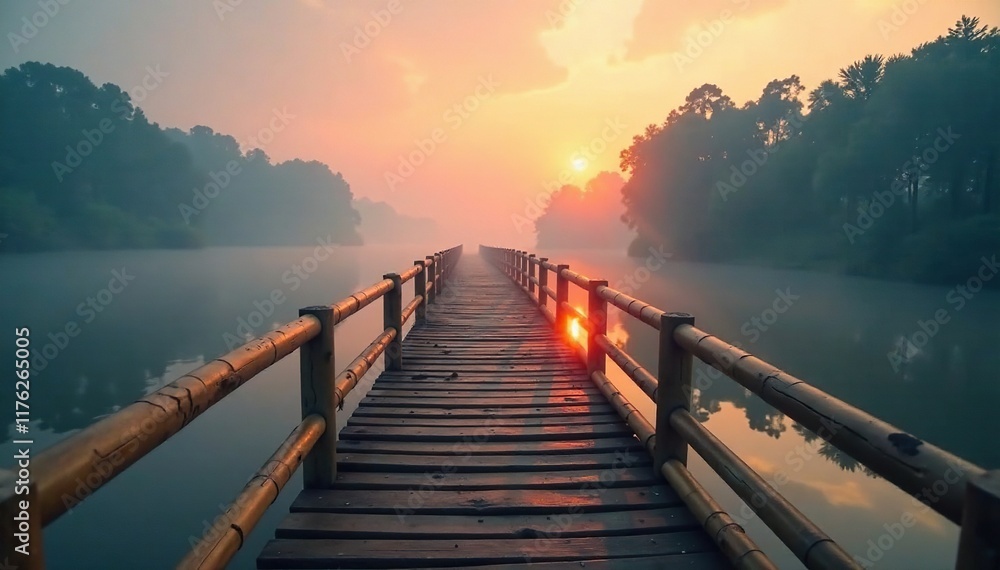 Obraz premium misty dawn on the wooden bamboo bridge with the river flowing gently in the distance, water, mist, fog