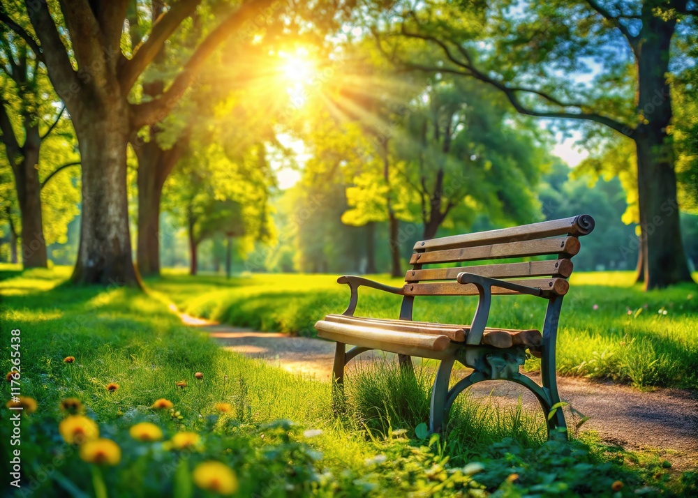 Sunny Summer Park Bench: Relaxing Outdoor Scene with Shallow Depth of Field Sunny Summer Park Bench: Relaxing Outdoor Scene with Shallow Depth of Field