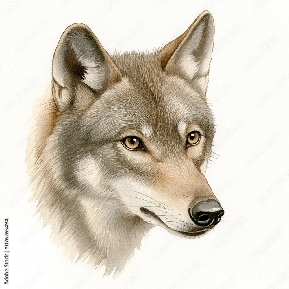 Fototapeta premium detailed watercolor illustration of wolfs head, showcasing its expressive eyes and soft fur texture. artwork captures essence of this majestic animal beautifully