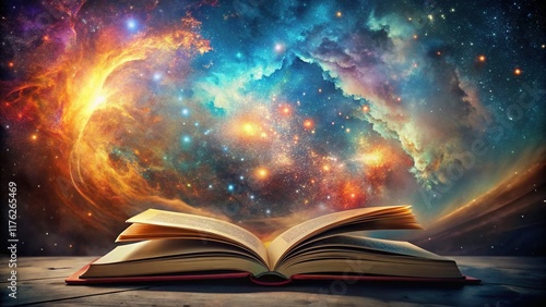 Surreal Double Exposure: Book 36, Open Pages & Abstract Nebula