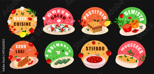 Greek cuisine sticker set, food, dish. Pastitsio, moussaka, dolmades, souvlaki, stifado, gemista, greek salad. Vector illustration