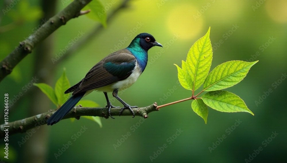 Obraz premium A single Pfauenauge gazes from a lone leaf on a branch of Tannenbaum, its feathers outstretched, Leaf, Nature
