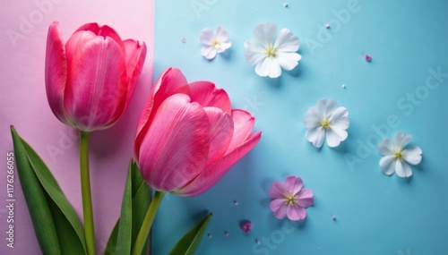 Delicate tulip petals on forget me not flowers, blossoms, spring, tulips