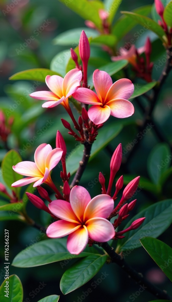 Plumeria tree with blooming flowers and foliage, floral arrangement, blooming tree Plumeria tree with blooming flowers and foliage, floral arrangement, blooming tree
