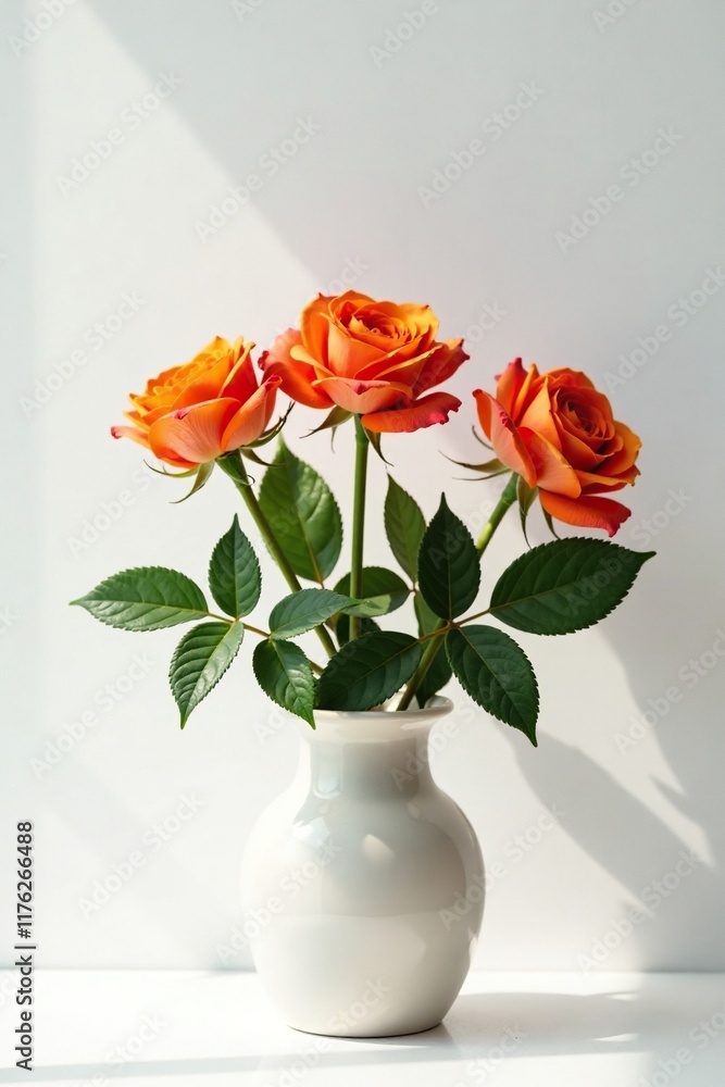 Three orange roses in a vase on a minimalist white wall, container, flowers Three orange roses in a vase on a minimalist white wall, container, flowers