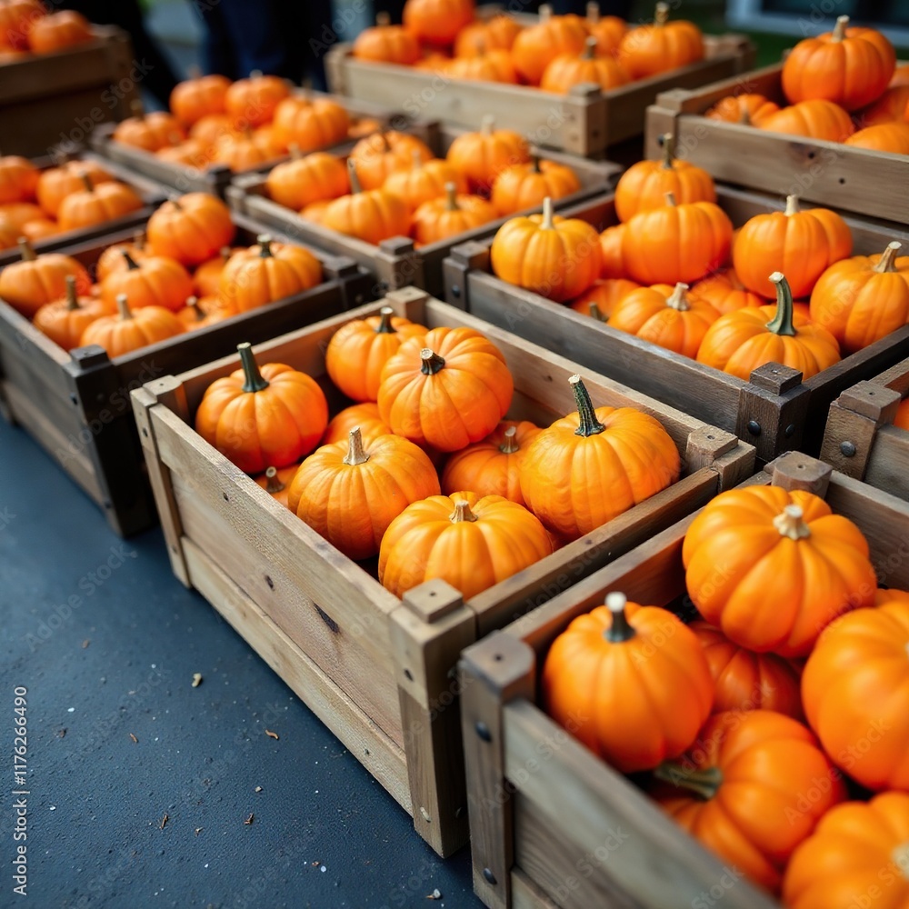 Stacked wooden boxes filled with bright orange pumpkins, decoration, wood Stacked wooden boxes filled with bright orange pumpkins, decoration, wood