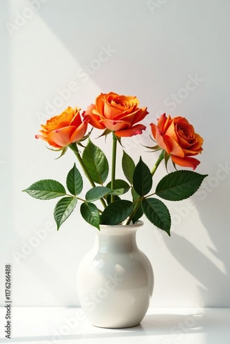 Wallpaper Mural Three orange roses in a vase on a minimalist white wall, container, flowers Torontodigital.ca
