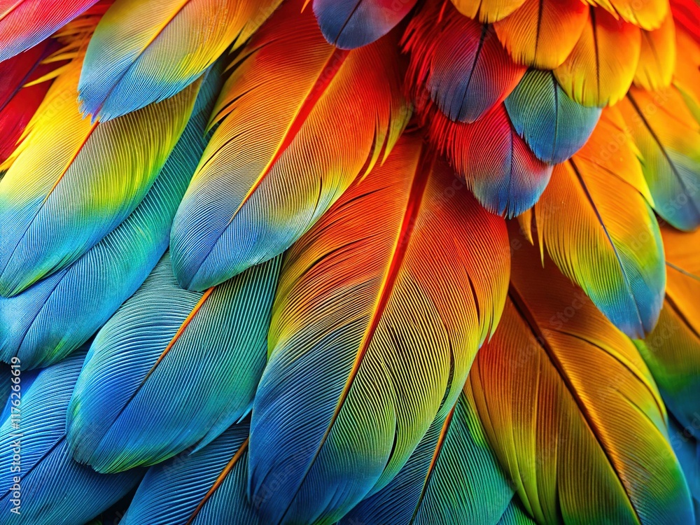 Fototapeta premium Vibrant Harlequin Macaw Feathers Texture Background - Closeup Colorful Bird Plume Detail