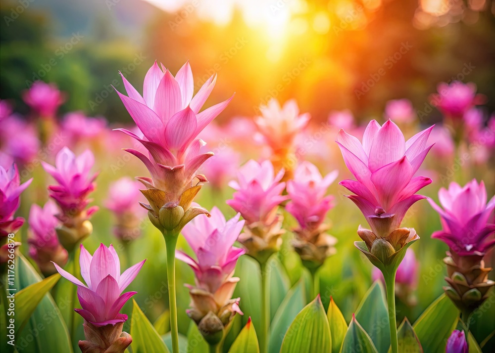 Vibrant Siam Tulip Blossoms in Lush Garden - Long Exposure Photography Vibrant Siam Tulip Blossoms in Lush Garden - Long Exposure Photography