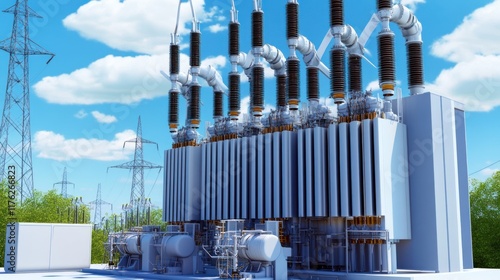 Industrial power station with transformers and power lines.