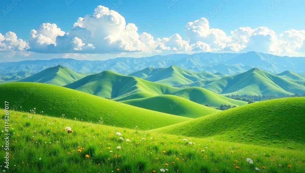 Fototapeta premium Rolling hills with silty mountains in the background and fluffy white clouds, fluffy clouds, rolling hills
