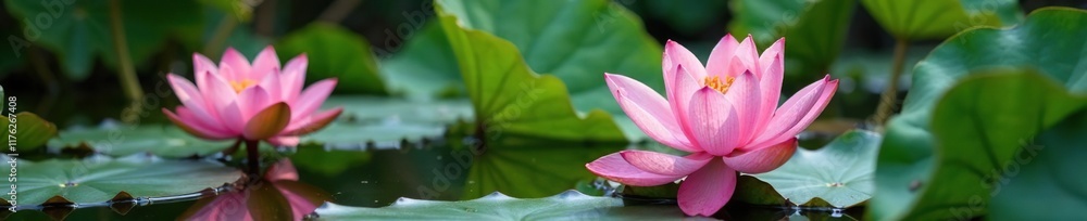 Pink nymphaea lotus leaves and stems with intricate details in shallow pond, floral arrangement, pond life Pink nymphaea lotus leaves and stems with intricate details in shallow pond, floral arrangement, pond life