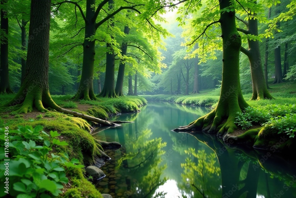 Mossy trees surround a serene pond in the green spring forest, spring, water Mossy trees surround a serene pond in the green spring forest, spring, water