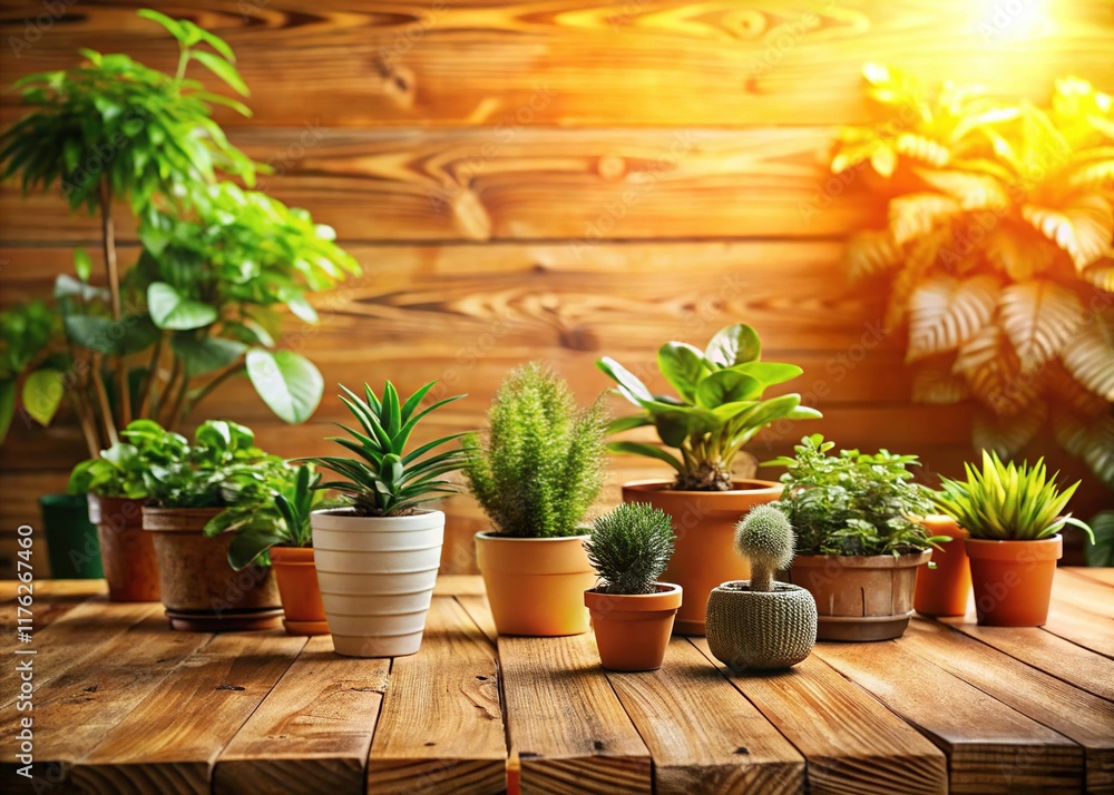 Fototapeta premium Wooden Table with Potted Plants - Cozy Home Decor Stock Photo