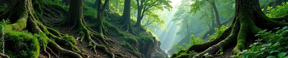 Obraz premium Steep forest cliff with moss-covered tree roots, forest, wildflowers, canyon