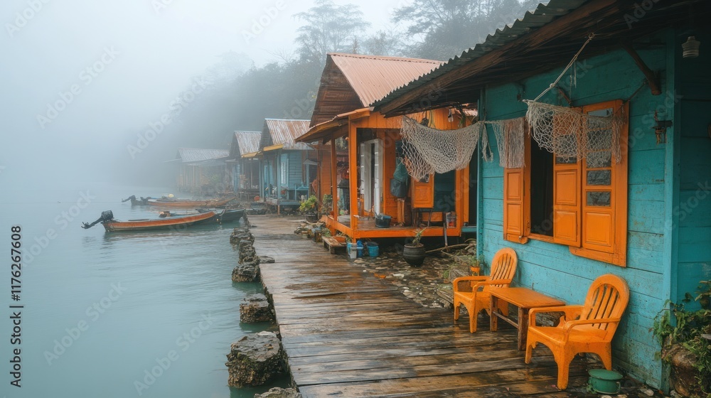 Obraz premium Serene lakeside huts shrouded in mist, perfect for relaxation and nature immersion.