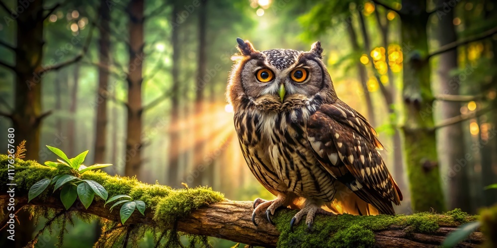 Obraz premium Majestic Owl Perched on Branch, High-Resolution Wildlife Stock Photo