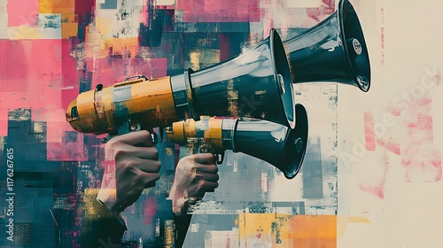 In a contemporary art collage, a human hand is depicted holding megaphones, symbolizing the spread of fake news through abstract technology background - HD and realistic photo