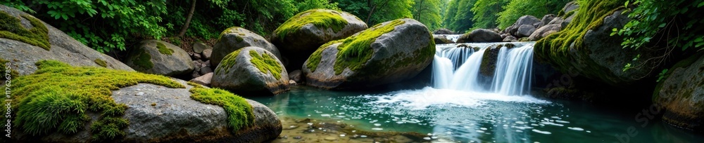 Fototapeta premium Moss and lichen thrive on weathered boulders near waterfall, natural scenery, forest, rocks