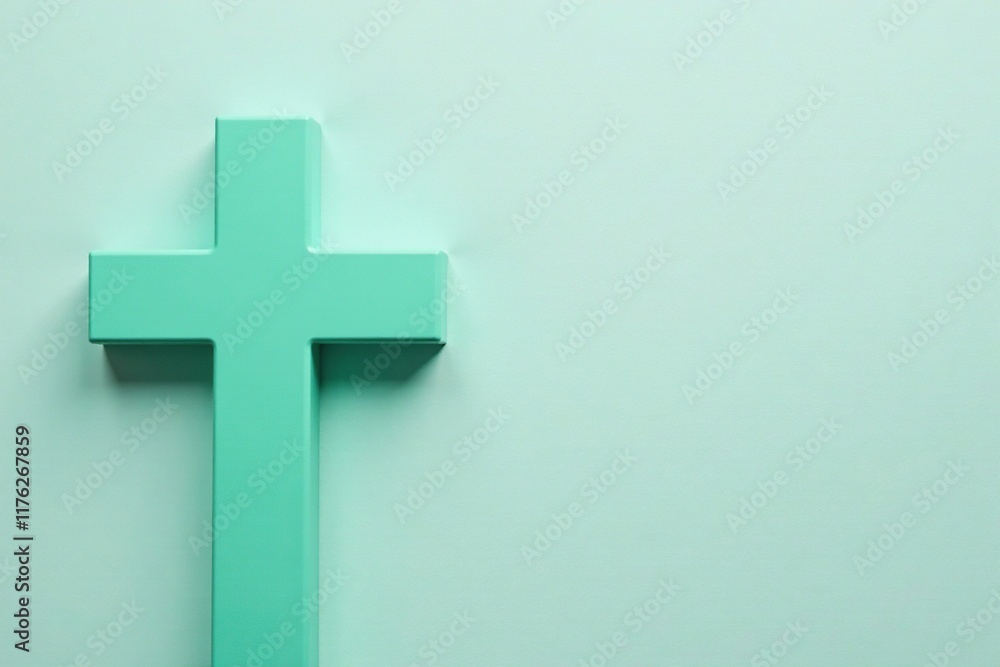 Mint green cross on light gray background with subtle copy space, copy space, cross Mint green cross on light gray background with subtle copy space, copy space, cross