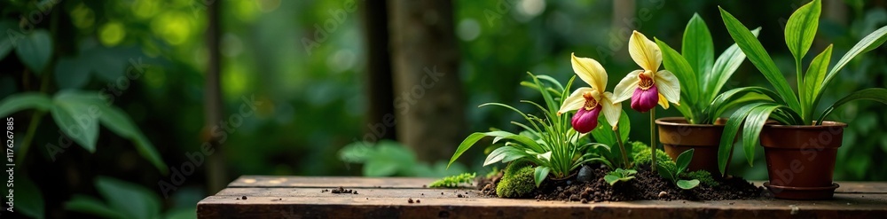 Paphiopedilum micranthum orchid on a wooden bench with other plants and flowers, nature photography, plant arrangement, plant life Paphiopedilum micranthum orchid on a wooden bench with other plants and flowers, nature photography, plant arrangement, plant life