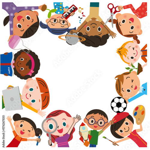 たくさんの子供達が趣味や勉強に励んでいるイラスト