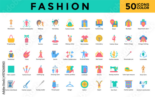 Fashion icons set with mannequin, fashion photography, makeup, hairstyling, fashion trends, fashion magazine, fashion blog, retail, boutique, department store icon. Simple flat color vector 
