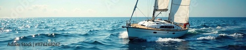 Sailboat on calm sea with mainsheet and roller rope, sailing gear, wave