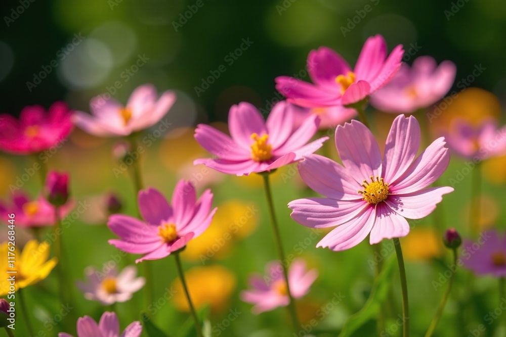 Cosmos flowers in a sunny garden with yellow daisies, blooming, daisy, floral arrangement Cosmos flowers in a sunny garden with yellow daisies, blooming, daisy, floral arrangement