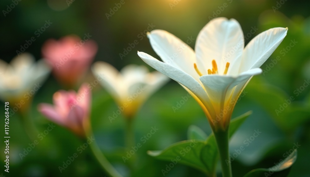 Fototapeta premium delicate white petals unfold from earthy green stem, flowers, garden