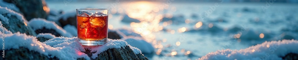 Icy winter morning with a glass of sake on a rocky shore, winter, rock, glass Icy winter morning with a glass of sake on a rocky shore, winter, rock, glass