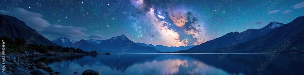 Fototapeta premium Panoramic arch of Milky Way over serene mountain lake, moonlight, water, night sky