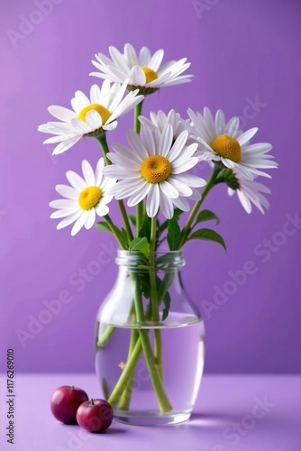 Wallpaper Mural Chamomile blooms in a glass vase on a soft purple background, botanical, purple, plums Torontodigital.ca