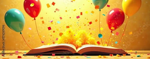 Orange and yellow comic book pages erupting into confetti like balloons, playful, balloons photo