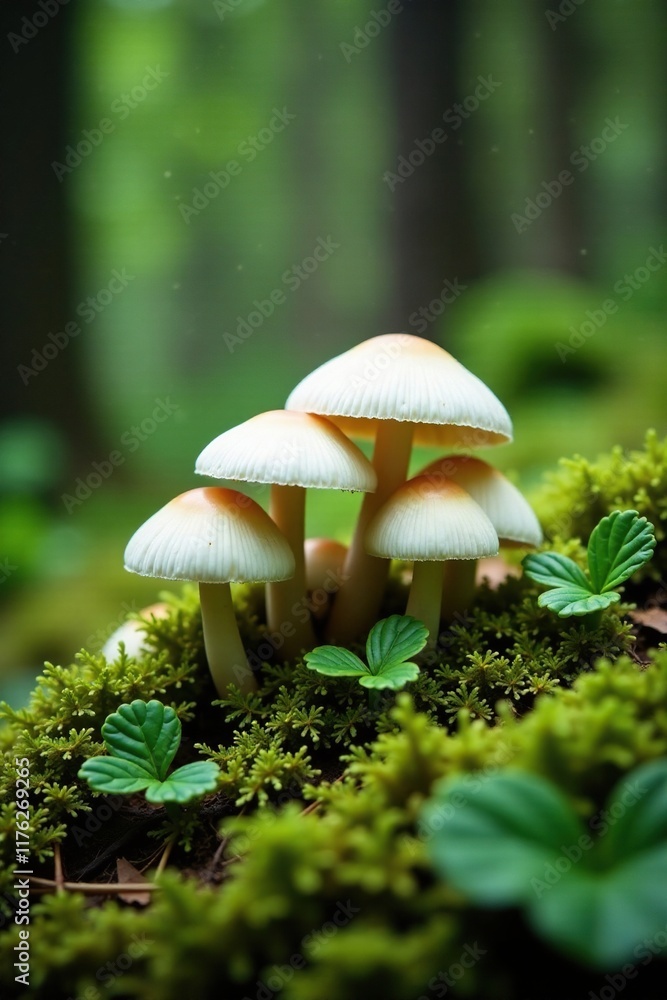 A patch of white mushrooms growing among ferns and moss, plants, forest A patch of white mushrooms growing among ferns and moss, plants, forest