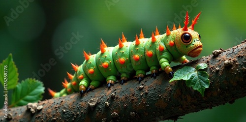 Euthalia aconthea caterpillar on tree trunk with vines, trunk, insects, ecology photo