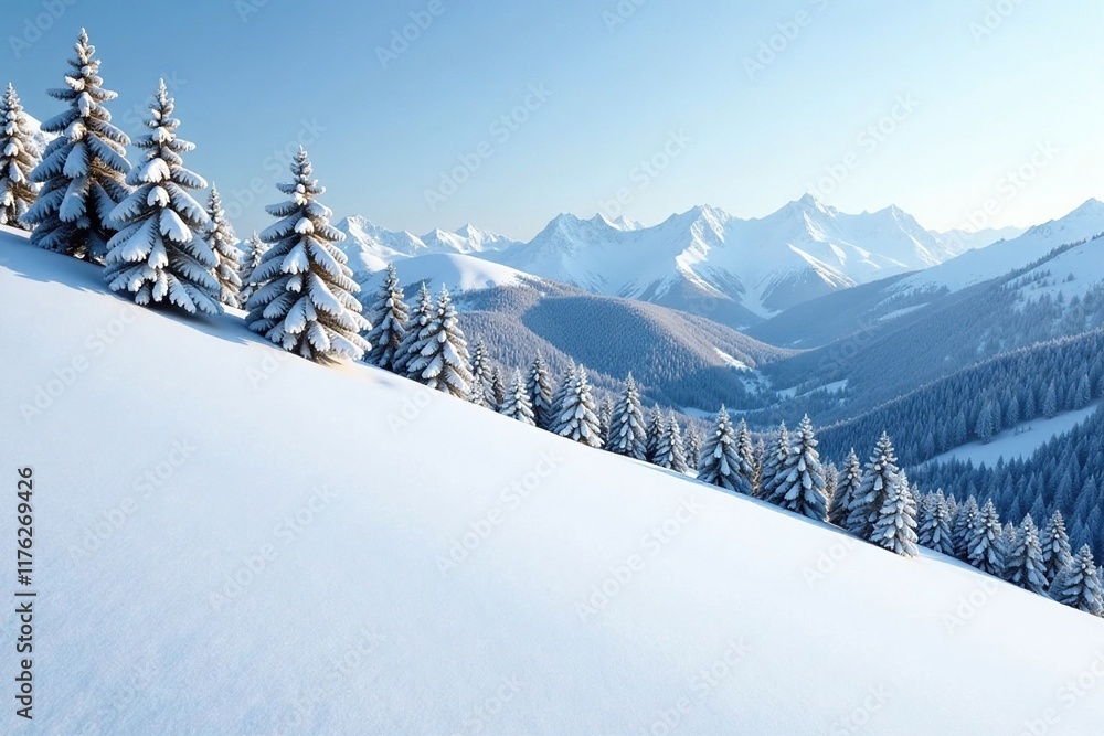 Fototapeta premium Smooth white snow surface of a hillside with trees, snowfield, snow, winter landscape