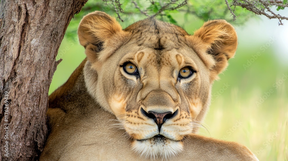 Close-up of a lioness resting under a tree in a natural setting. Close-up of a lioness resting under a tree in a natural setting.