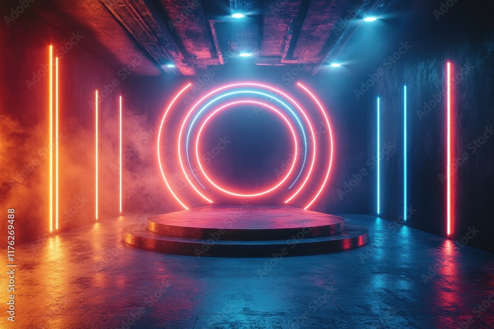 Neon lights illuminate a circular platform in a smoky, grunge setting. Ideal for showcasing products, music events, or futuristic designs. Neon lights illuminate a circular platform in a smoky, grunge setting. Ideal for showcasing products, music events, or futuristic designs.
