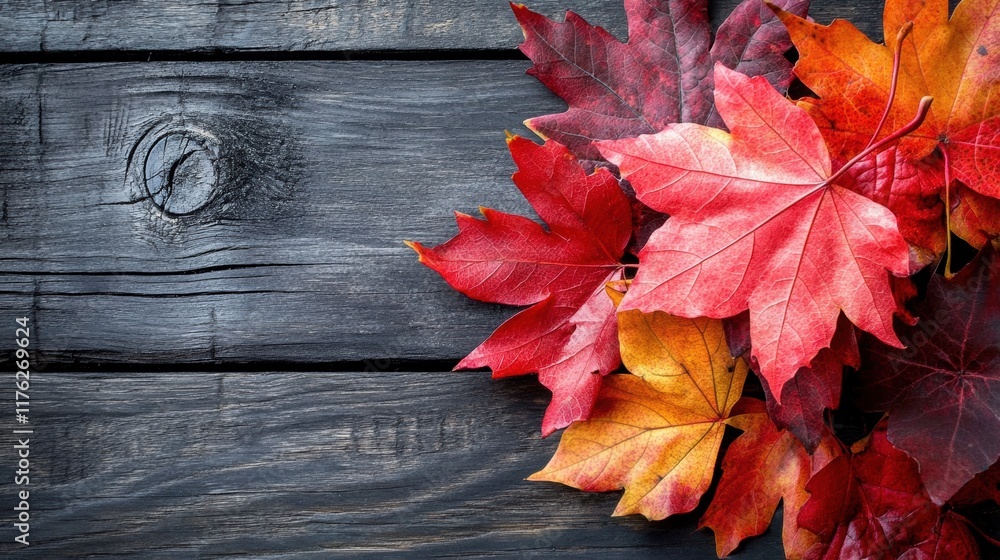 Obraz premium A vibrant arrangement of autumn leaves in shades of red and orange against a rustic wooden background.