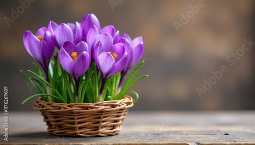 bunch of purple crocuses in a natural wicker basket, flowerbunch, crocuses, wicker photo