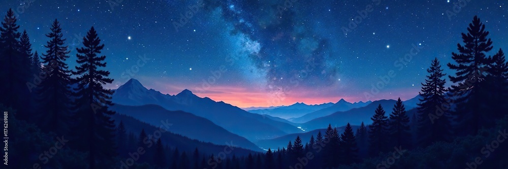 Fototapeta premium Tall trees and mountains under starry night sky, night sky, trees silhouetted