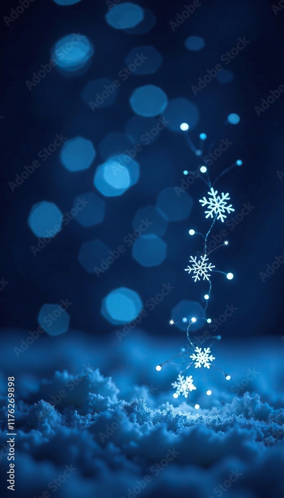Fototapeta premium Twinkling snowflake lights dance on a dark velvet background, winter, blue, white
