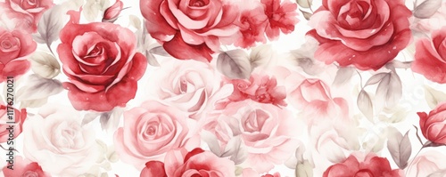 Collection of Red and White Roses background, Watercolor, Seamless Pattern with floral decoration for celebration and romance, Valentine's theme