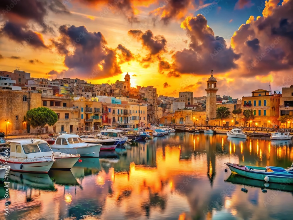 Fototapeta premium Maltese Sunset Harbor: Vibrant Dusk over Picturesque Port