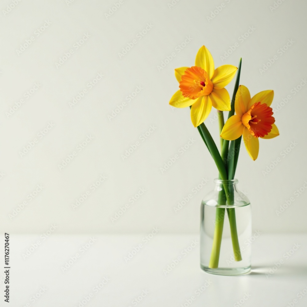 Narcissus blooms in a tiny glass container on a pedestal, pedestal, bloom Narcissus blooms in a tiny glass container on a pedestal, pedestal, bloom