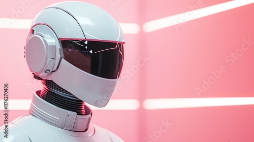 A sleek, futuristic robot head with a minimalist design, set against a vibrant pink background featuring neon lines.