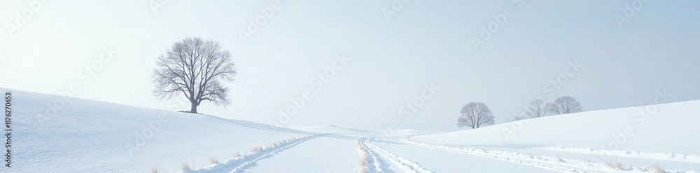 Fototapeta premium White snow-covered landscape with a few bare trees in the distance, distant, tree, bare